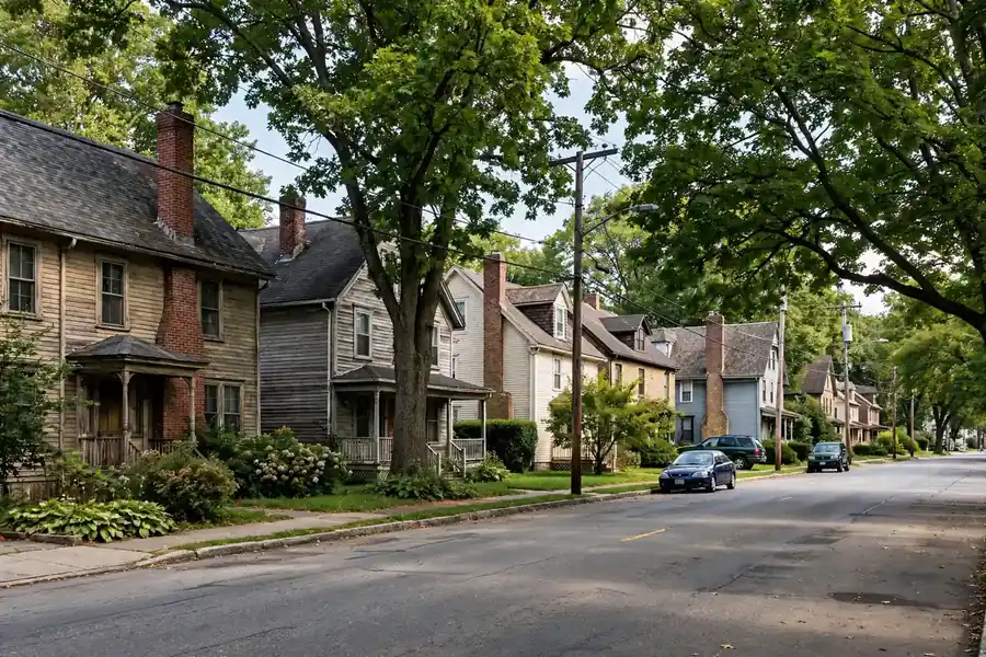 Residencias de más edad a lo largo de la calle principal del centro de Sayreville, NJ