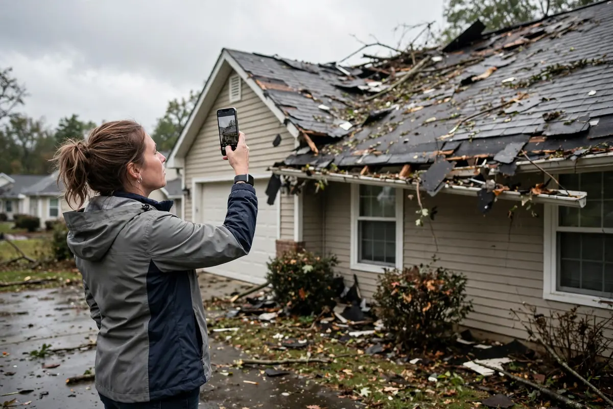 Homeowner fotografía daños en el techo de tormenta para el seguro en Sayreville, NJ