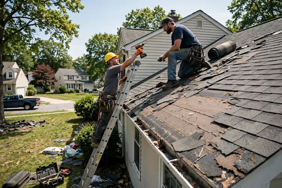 Roofers performing a roof escape repair on a Sayreville, NJ home