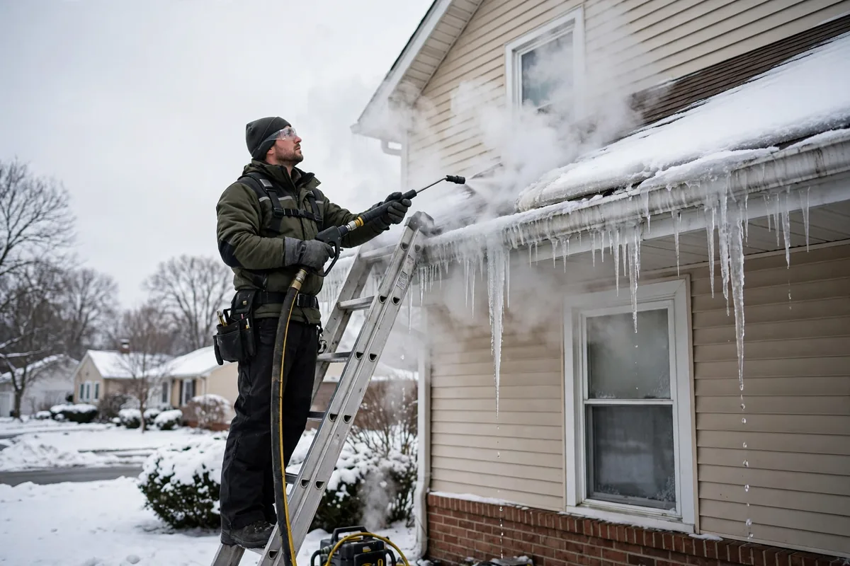 Técnico que saca una presa de hielo de un techo nevado en Sayreville, NJ