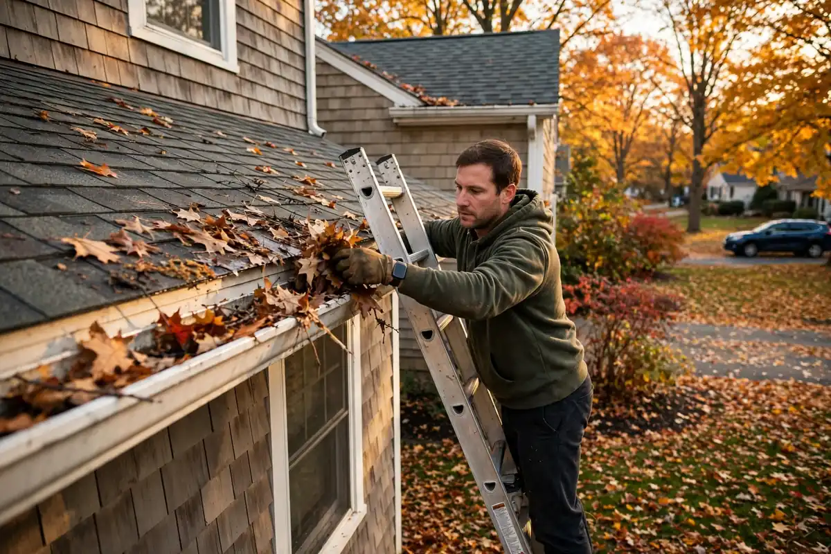 Homeowner limpiando una gorra en una escalera en otoño en Sayreville, NJ