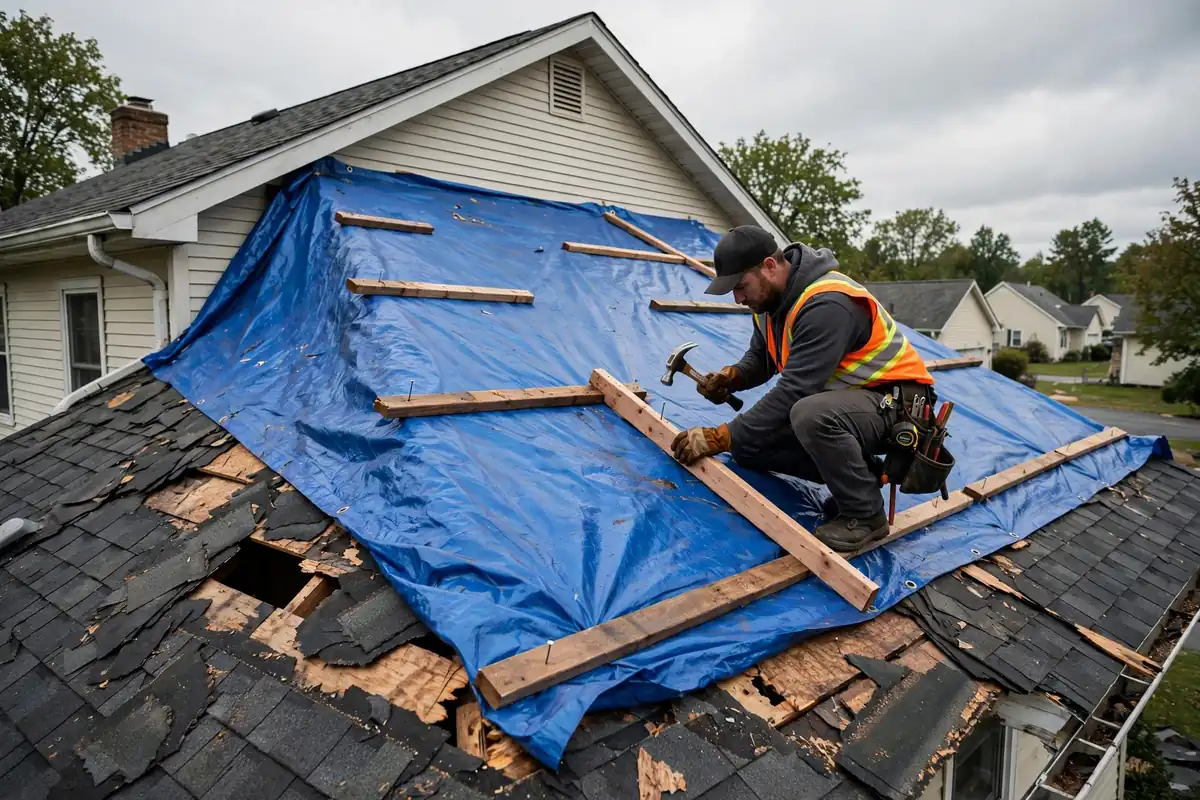 Tarp de emergencia asegurado sobre un techo de trituración dañado en Sayreville, NJ
