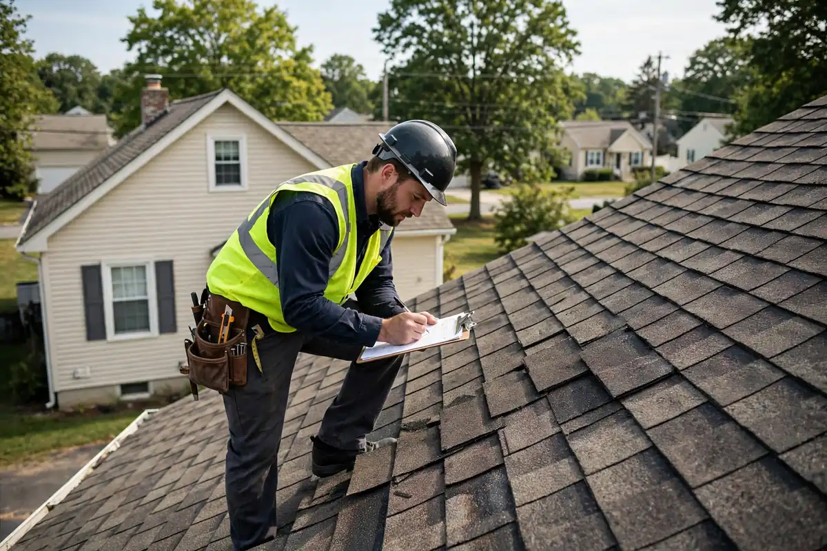 Roofer inspecciona un techo de trituración para un guía de Sayreville, NJ