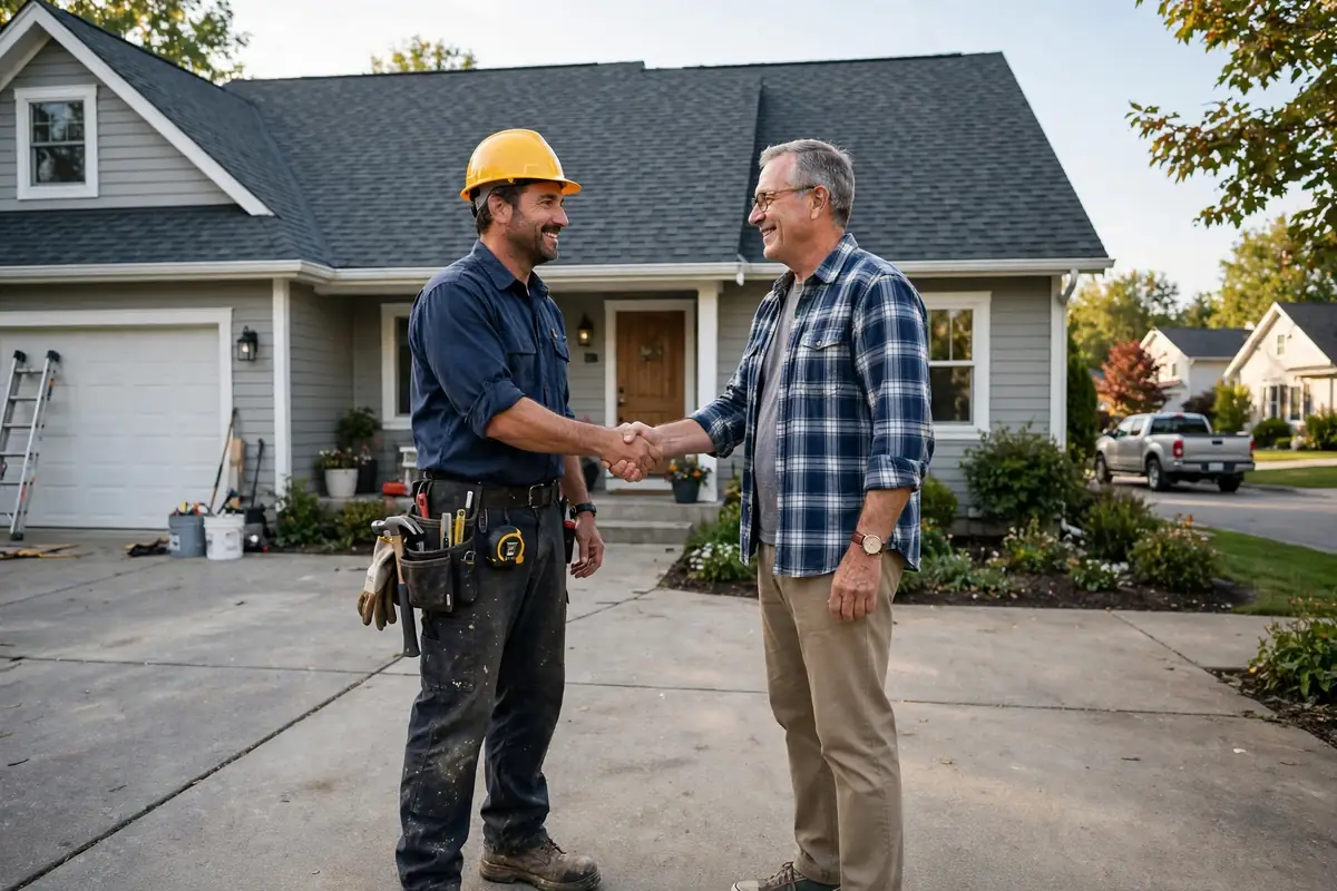 Roofer temblando las manos con un propietario después de una reparación de techo en Sayreville, NJ