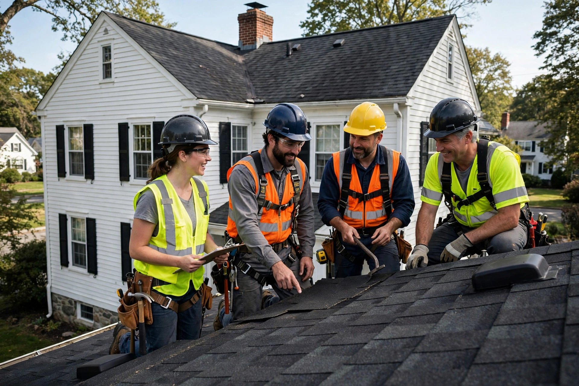 Roof Leak Repair Co roofing technician inspecting a residential roof in Sayreville