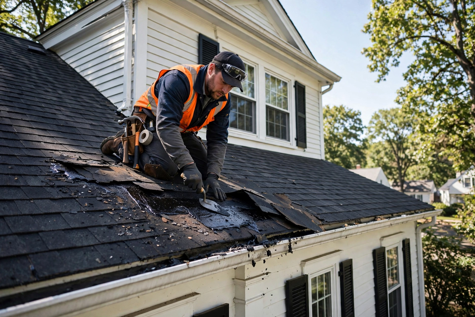Roofing technician repairing a roof leak on a Sayreville home