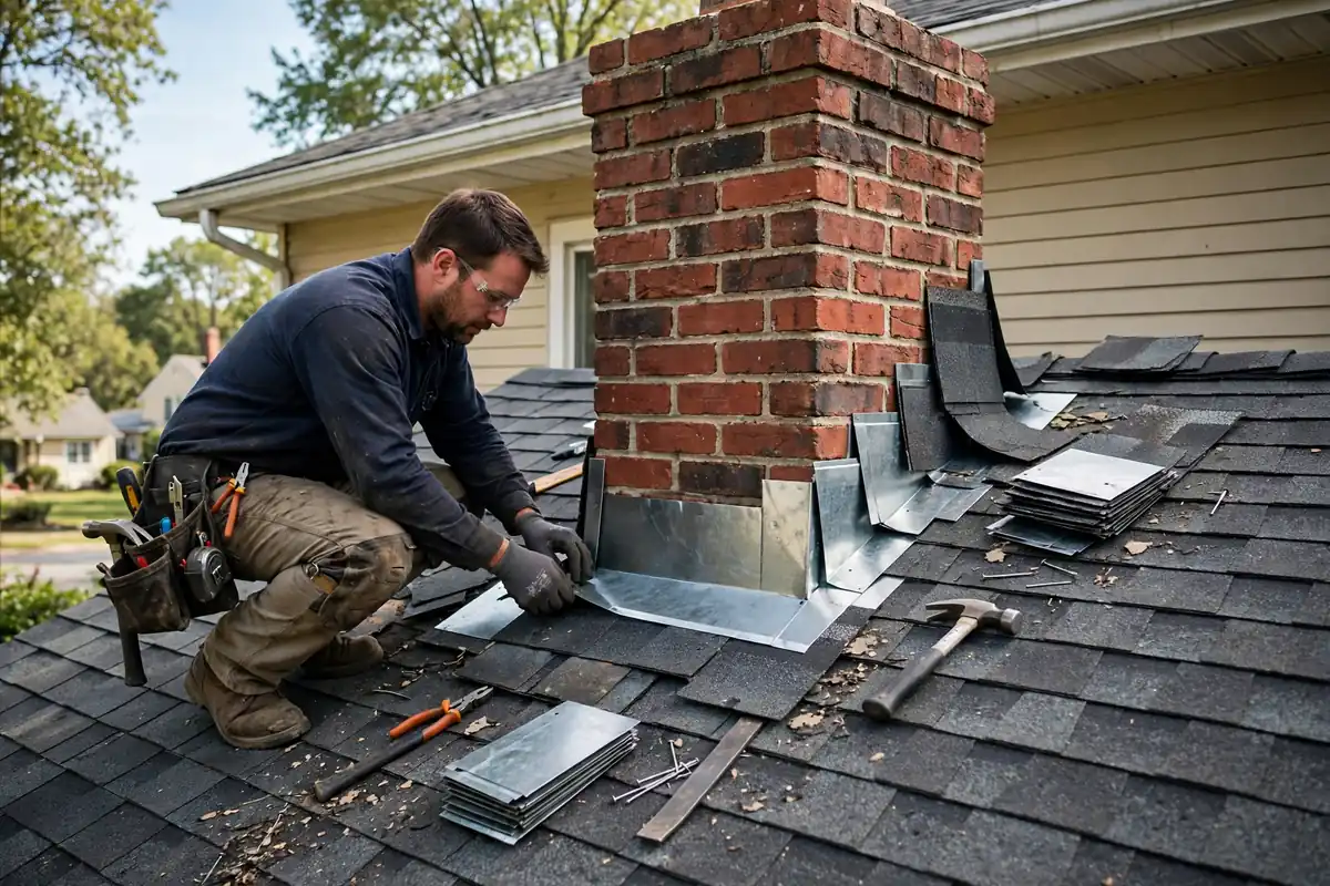 Roofer reconstrucción ladrillo chimenea paso flash en Sayreville, NJ