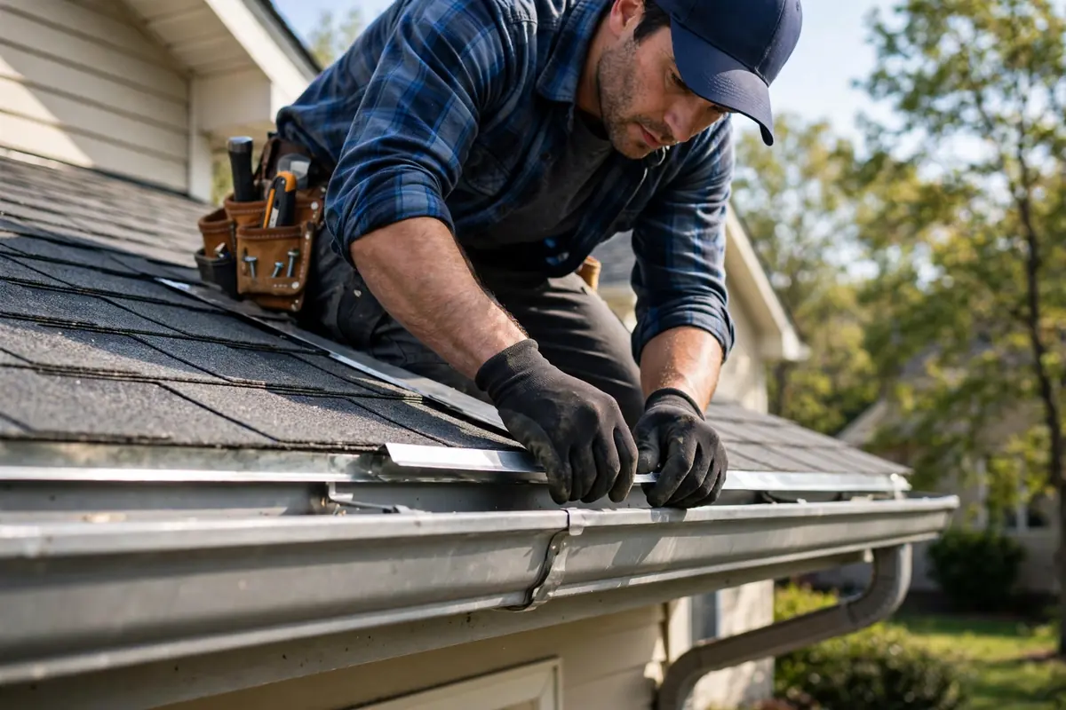 Roofer instalando el borde de goteo de aluminio a lo largo de un techo en Sayreville, NJ