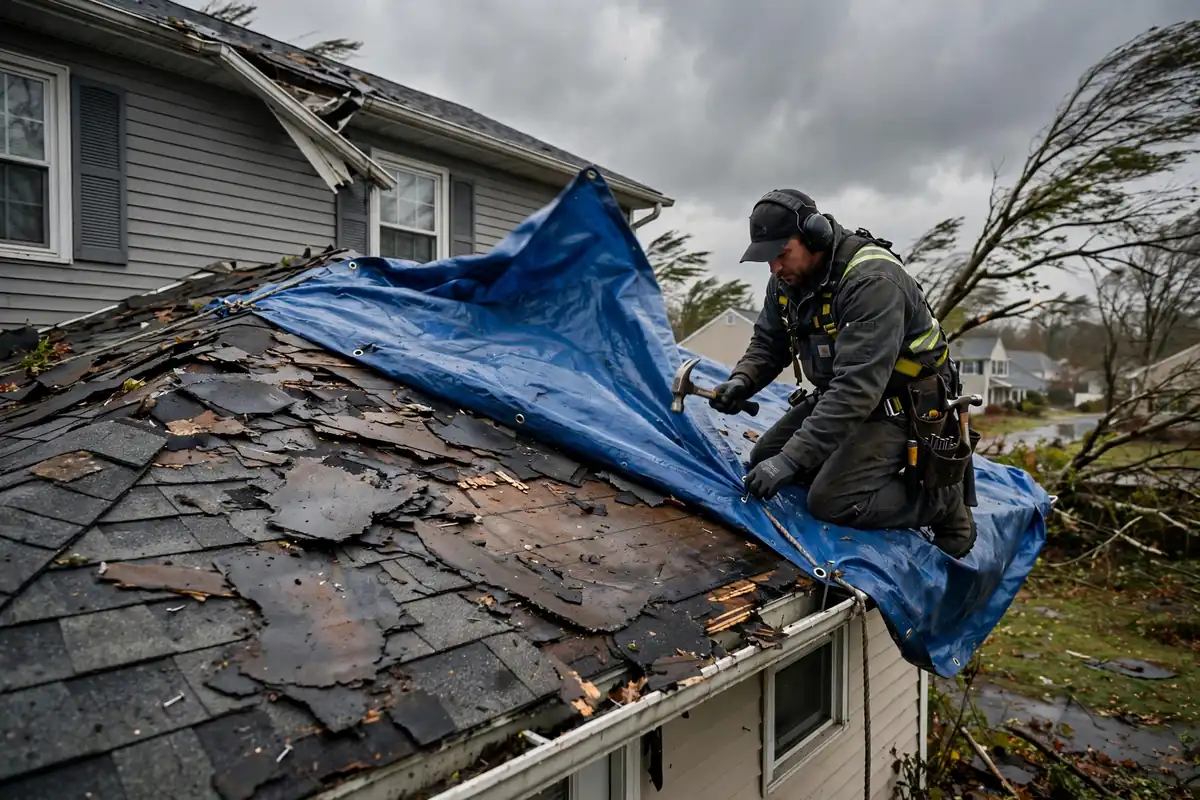 Roofer asegurando una tarta de emergencia sobre un techo de trineo dañado por tormenta en Sayreville, NJ