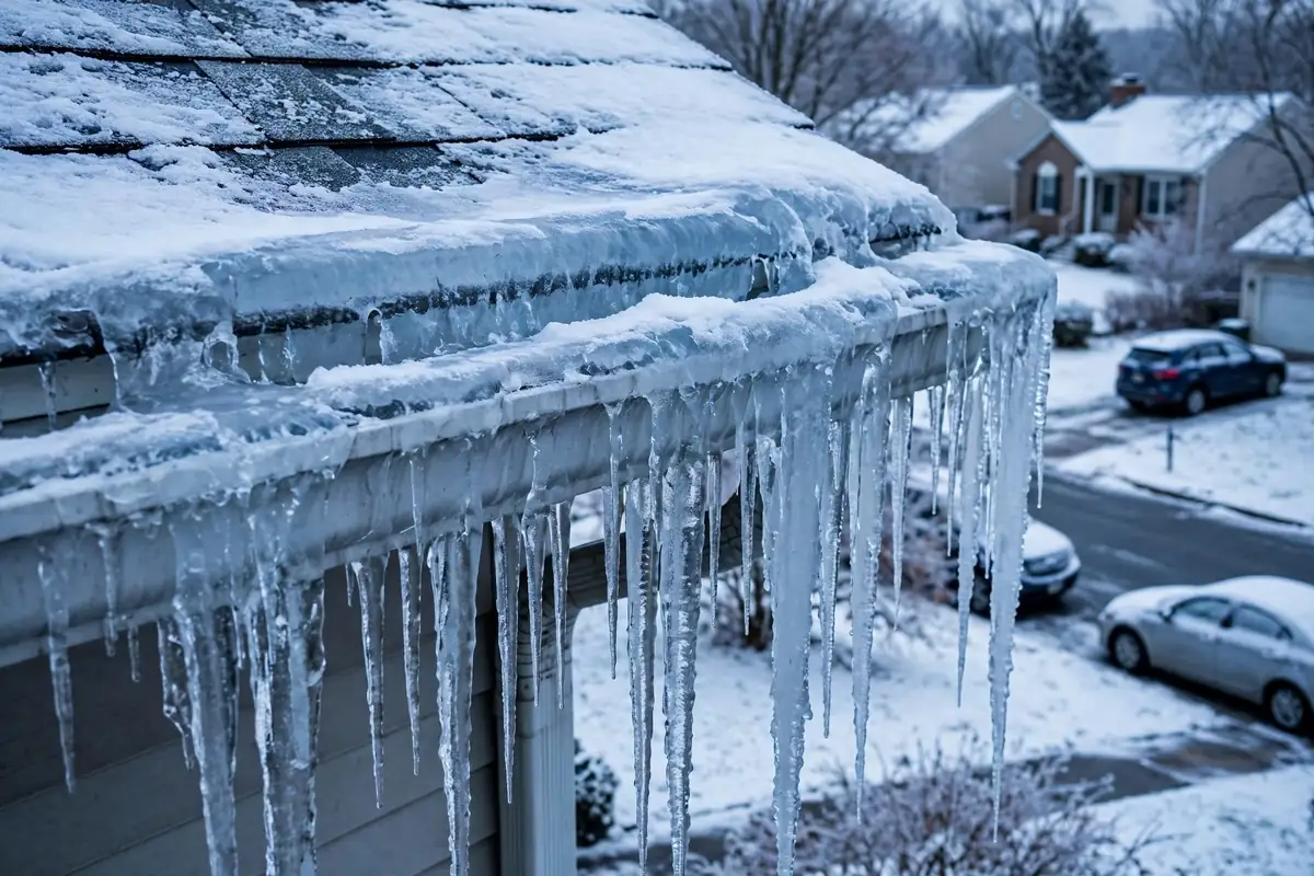 Técnico que saca una presa de hielo de una cueva de techo nevado en Sayreville, NJ