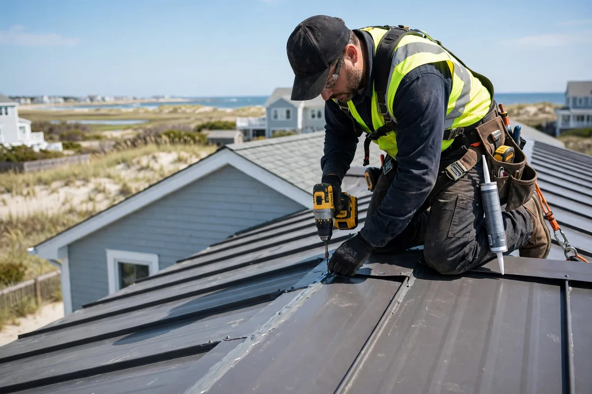 Selladoras de resealing Roofer en un techo de metal de alta mar en Sayreville, NJ