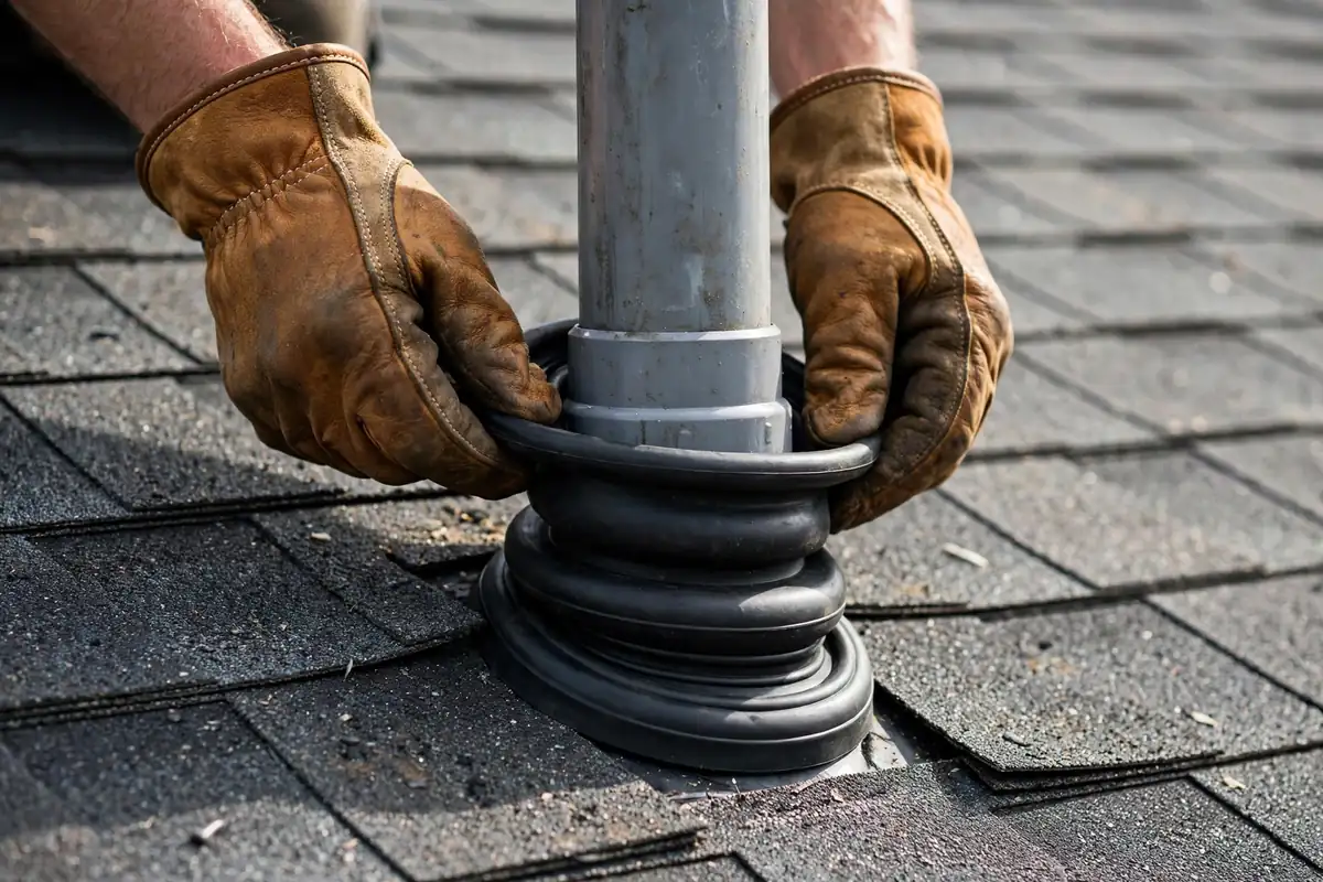 Roofer instala una nueva bota de silicona alrededor de un vent en Sayreville, NJ