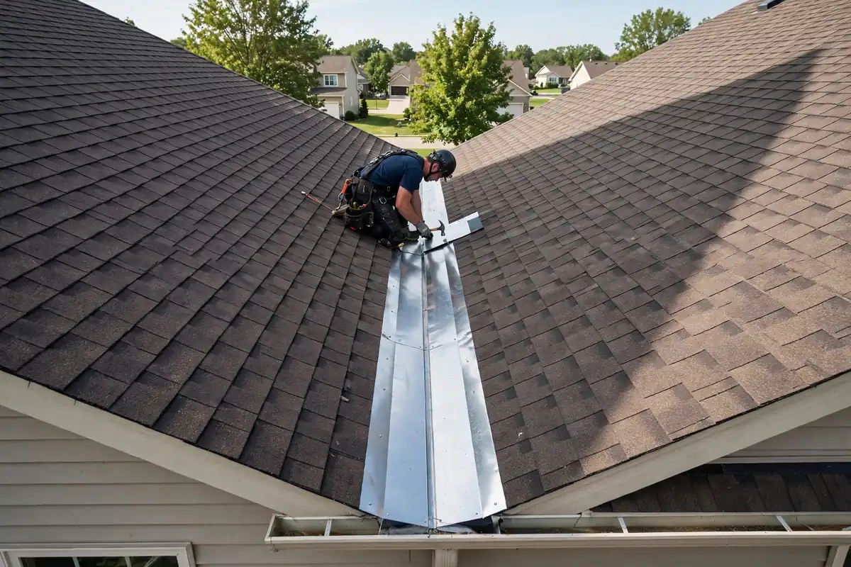 Roofer instalando nuevo valle de metal que se destella en Sayreville, NJ