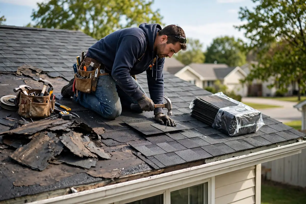 Roofer clavando nuevos arrugas de asfalto en una reparación de techo en Sayreville, NJ