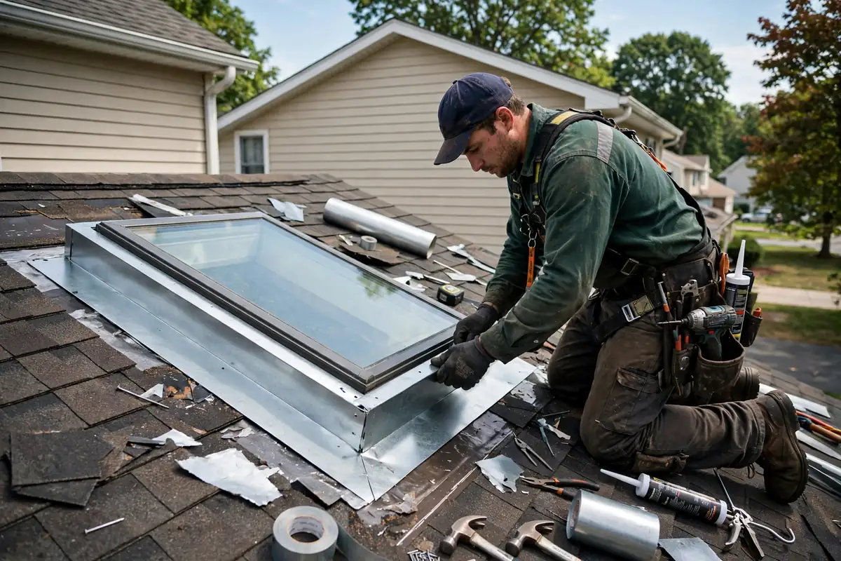 Roofer reparando el techo de un tejado en Sayreville, NJ