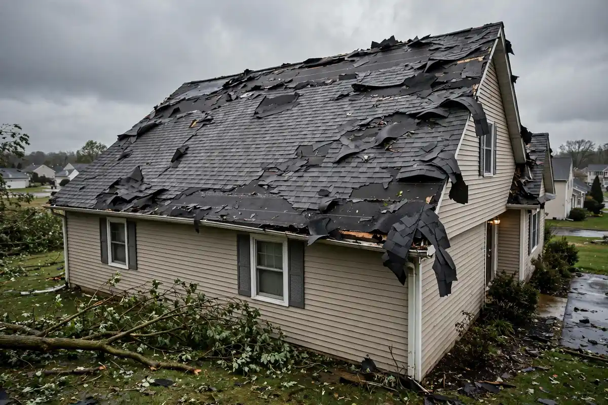 Roofer reparando trineos de torsión después de una tormenta en Sayreville, NJ